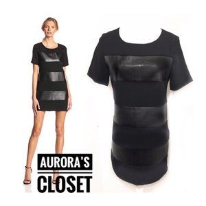 Mcginn XS Black Shift Mini Dress Faux Leather Stripe Short Sleeve